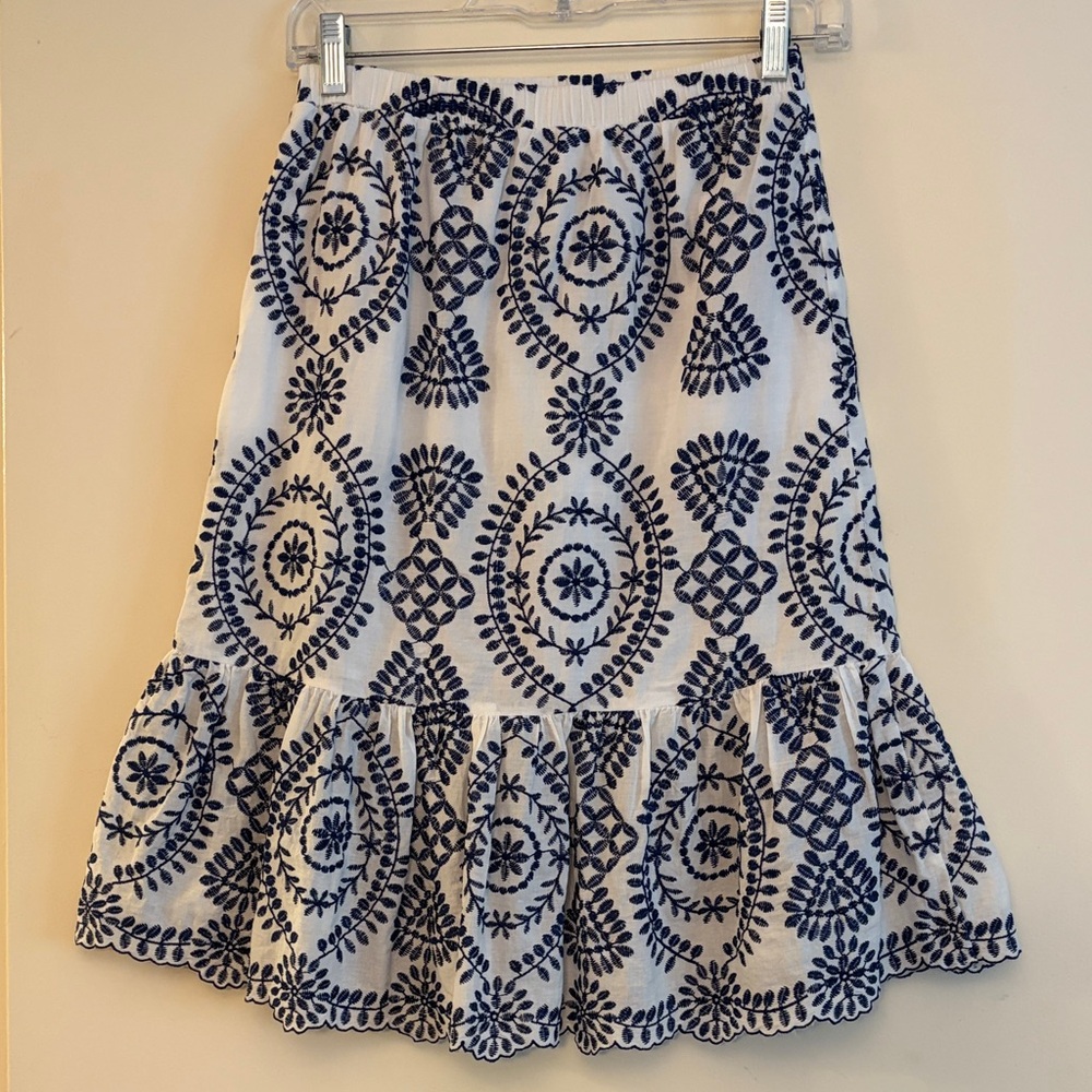 Adiva Women’s White Skirt with Navy Embroidery, size XS, Bohemian